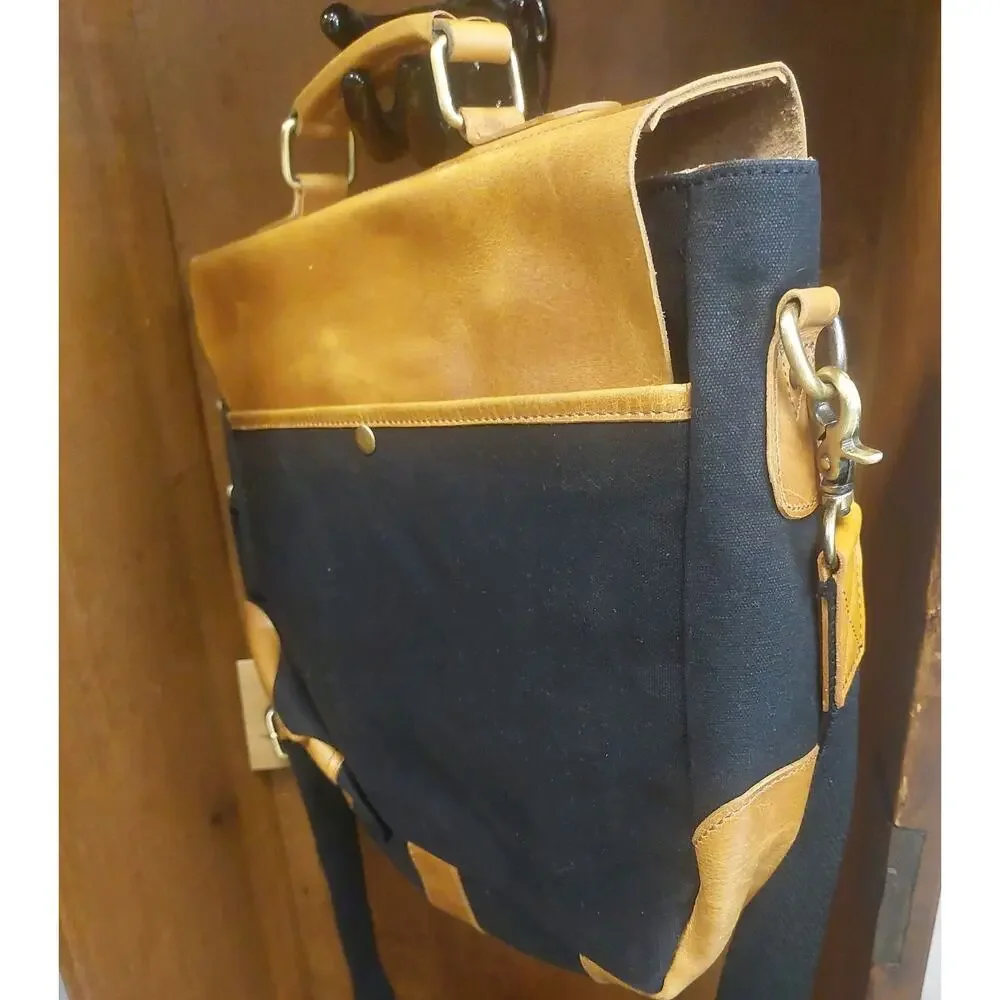 Aaron Leather Goods Prato Natural Leather & Black Canvas LapTop Messenger Bag